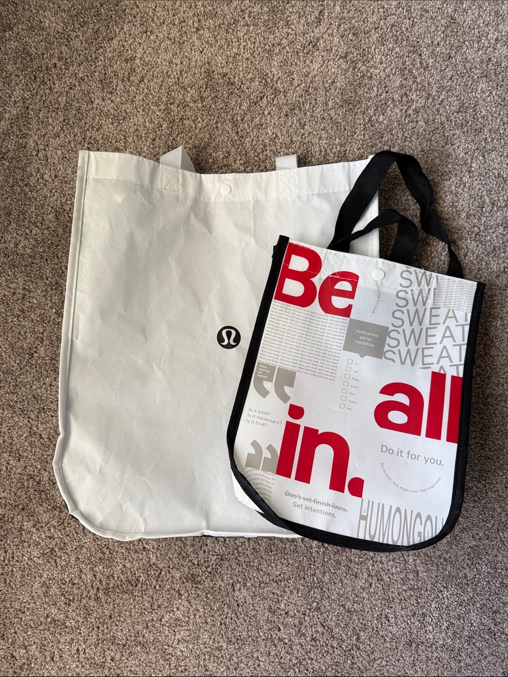 Set of (2) Lululemon White Reusable Tote with Graphic 'Be All In' Bag
